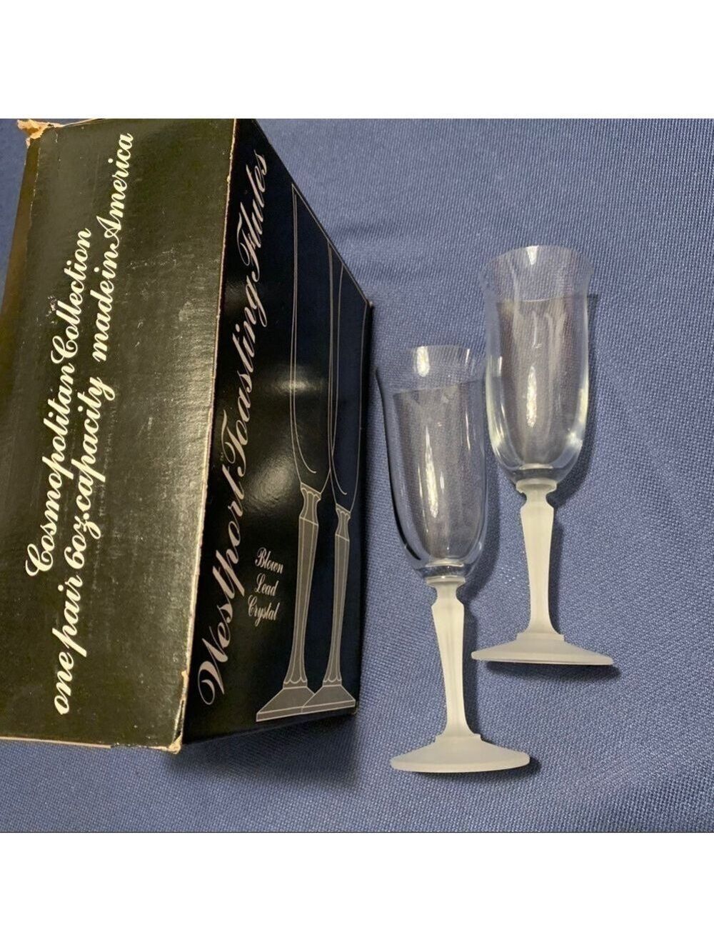 Vintage Blown Crystal Champagne Flutes Clear Frost Stem